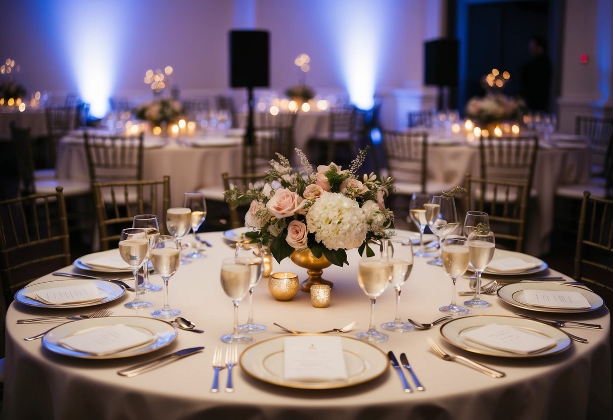A table set with elegant dinnerware and floral centerpieces, surrounded by dim lighting and soft music, creating an intimate and celebratory atmosphere