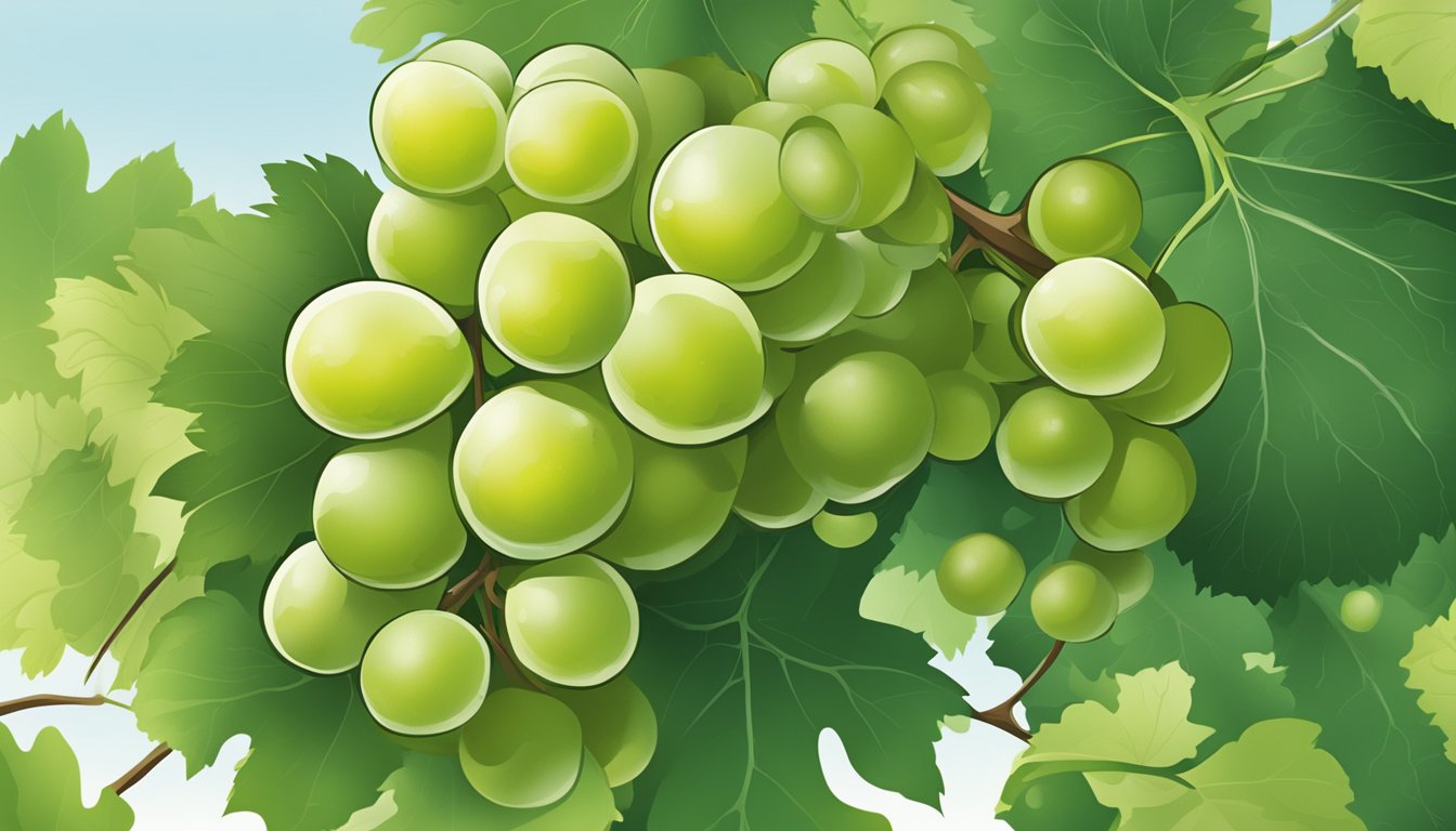 A cluster of unripe grapes on a vine, with green, firm, and sour-looking fruit