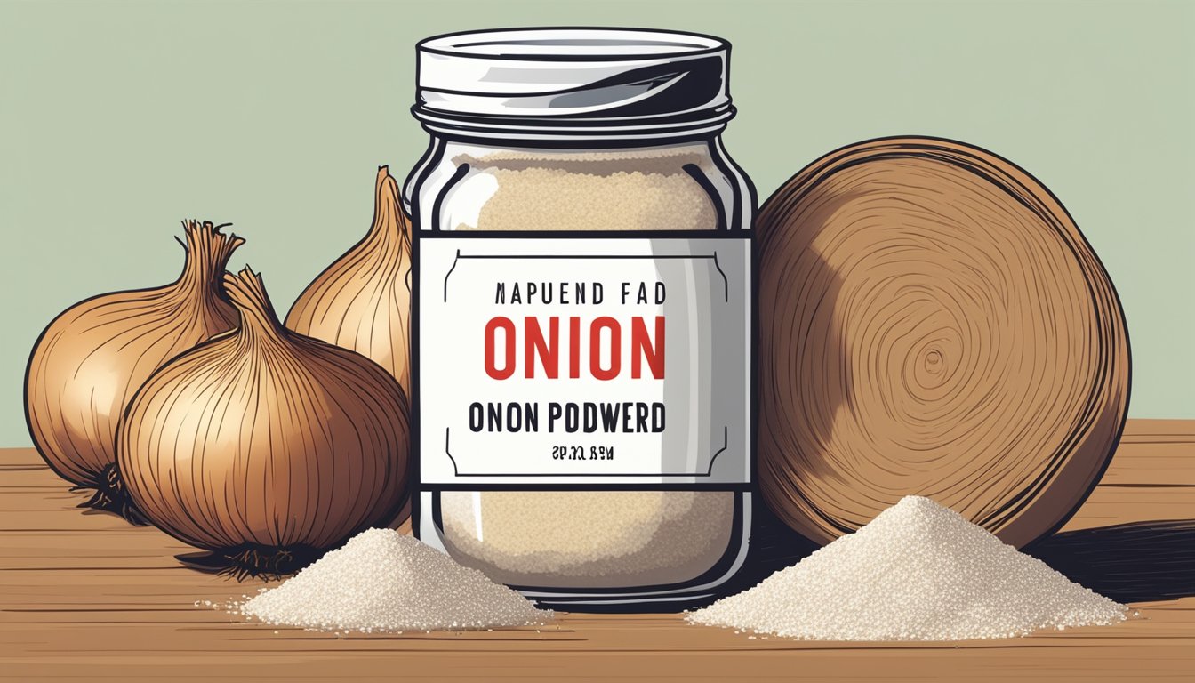 A jar of expired onion powder sits next to a pile of fresh onions. A label with a red X marks the expiration date