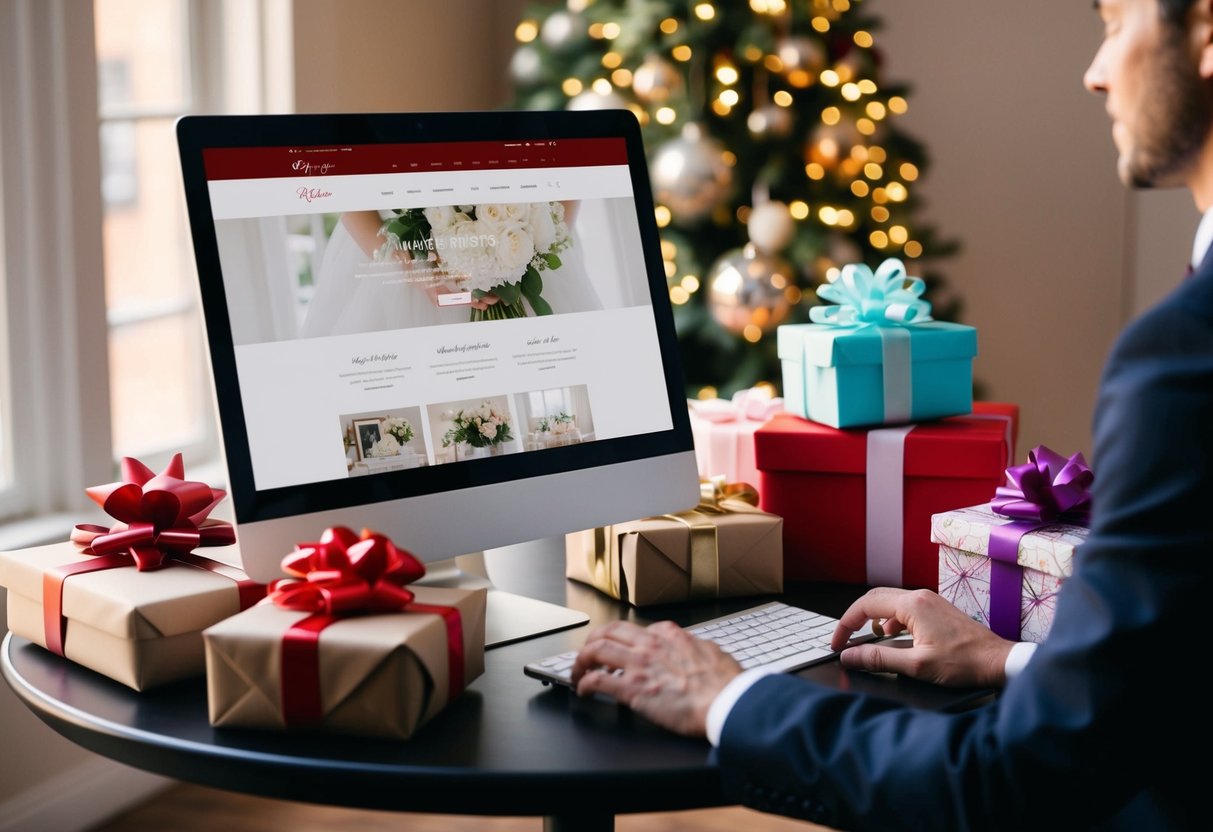 A table filled with wrapped gifts and a computer open to a wedding registry website