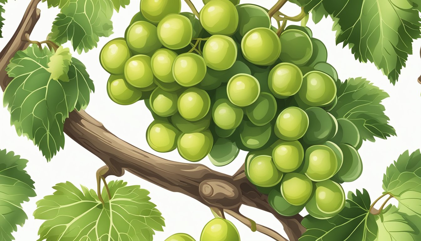 A bunch of unripe grapes on a vine, with green, firm skin and no signs of ripeness