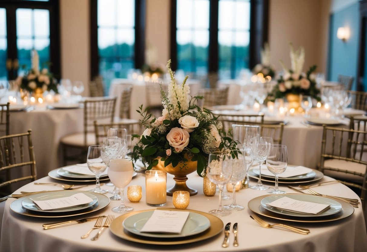 A beautifully decorated table set for a wedding rehearsal dinner, with elegant place settings, floral centerpieces, and soft candlelight
