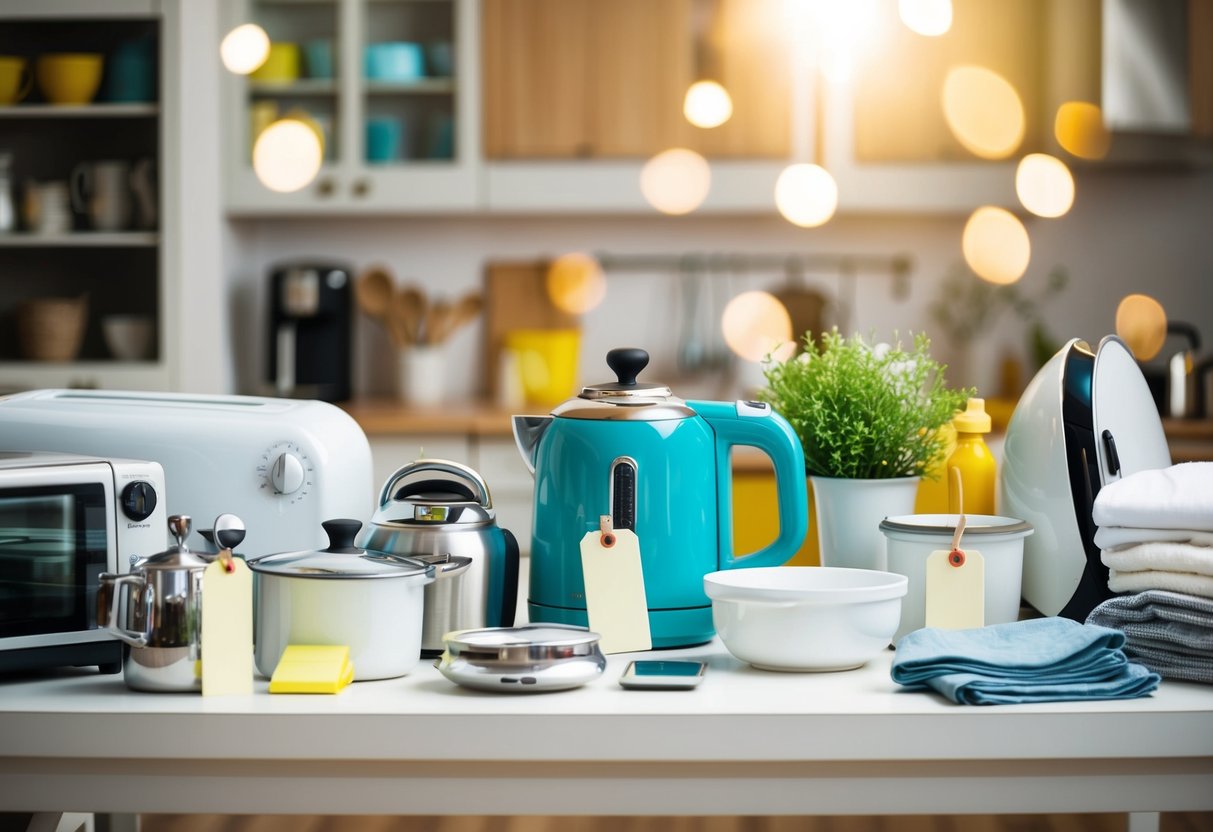 A table with various household items such as kitchenware, appliances, and linens arranged neatly with price tags