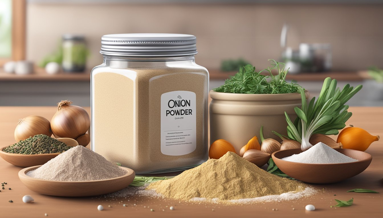 A jar of onion powder sits on a kitchen counter next to various spices and herbs. The jar is open, and a small pile of the powder is spilled out onto the counter