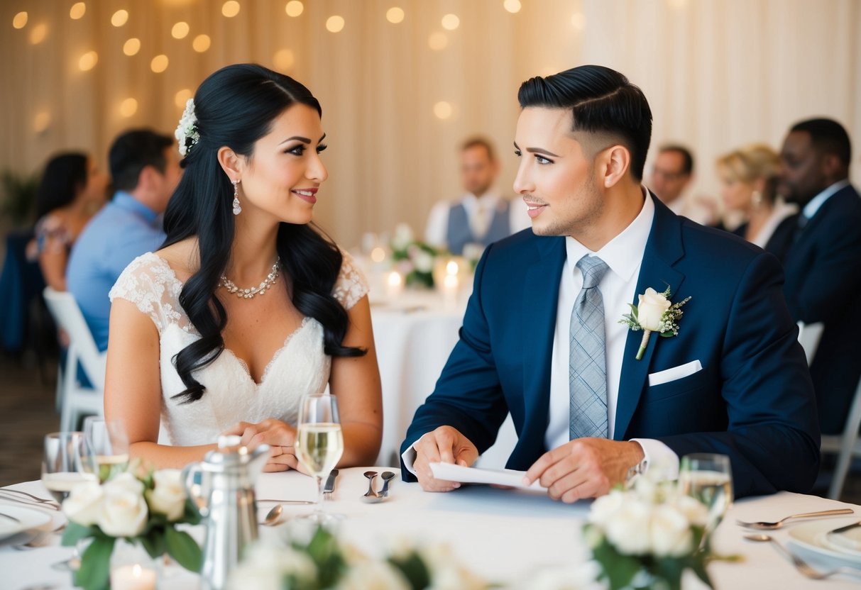 A couple discussing wedding budgeting and who pays, with a table set for a rehearsal dinner in the background
