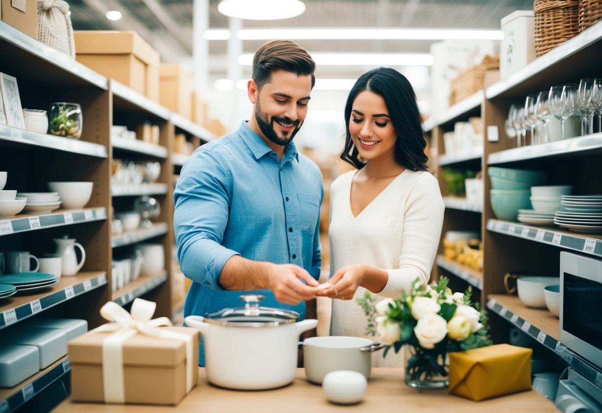 A couple selecting items for a wedding registry, surrounded by gifts, kitchenware, and home goods in a store or online