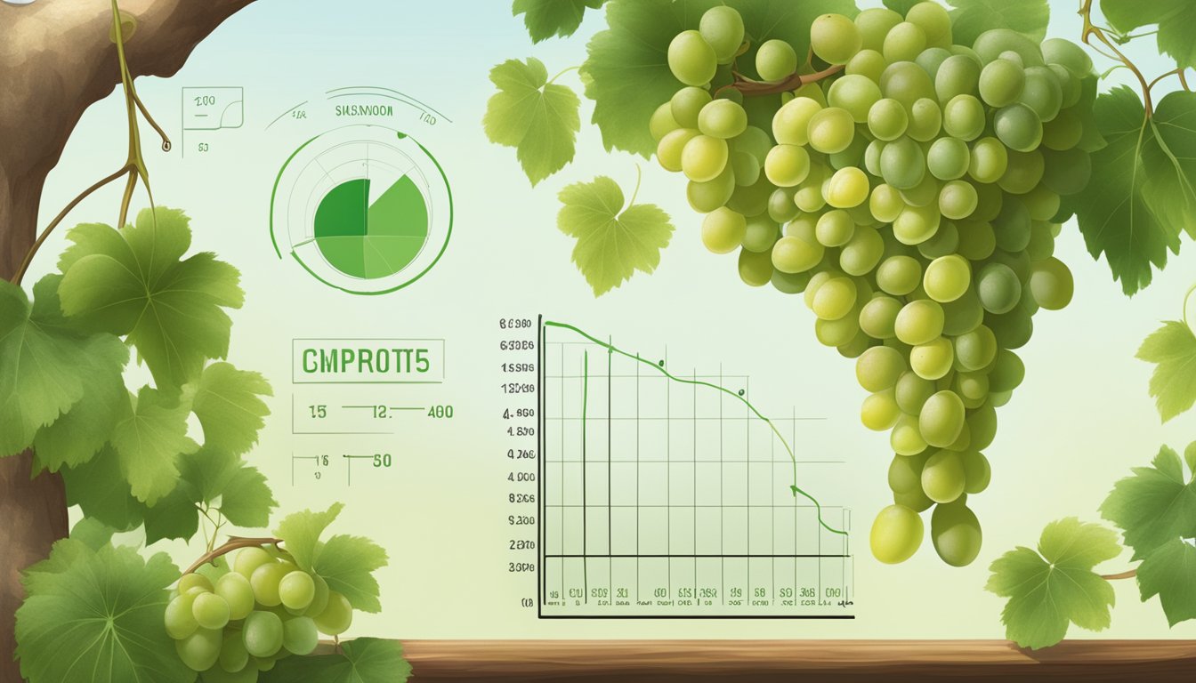 A cluster of unripe grapes hanging from a vine, with a scale showing sugar content and a flavor profile chart nearby