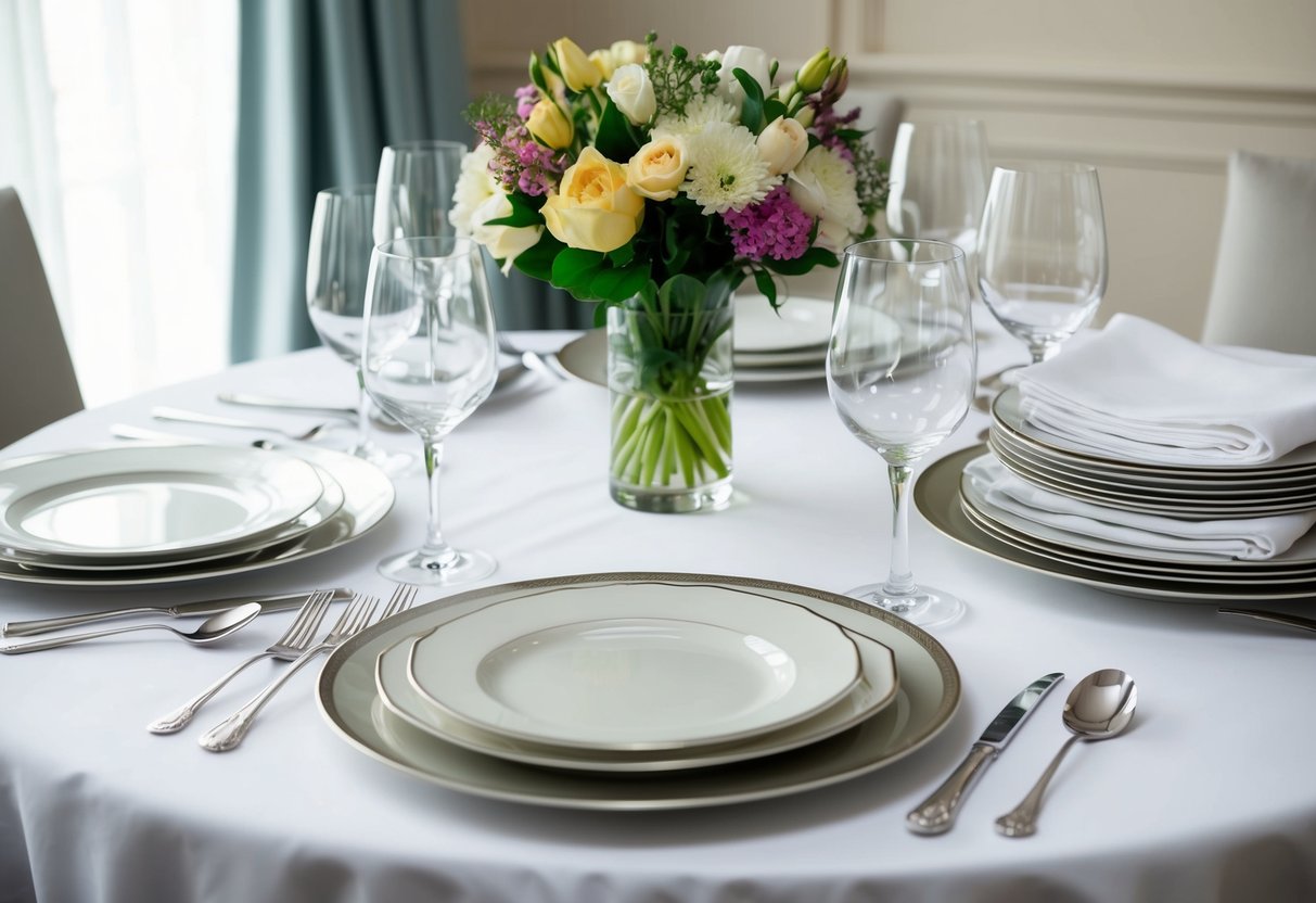 A table set with elegant dinnerware, glassware, and silverware. A vase of fresh flowers and a stack of pristine linens complete the scene
