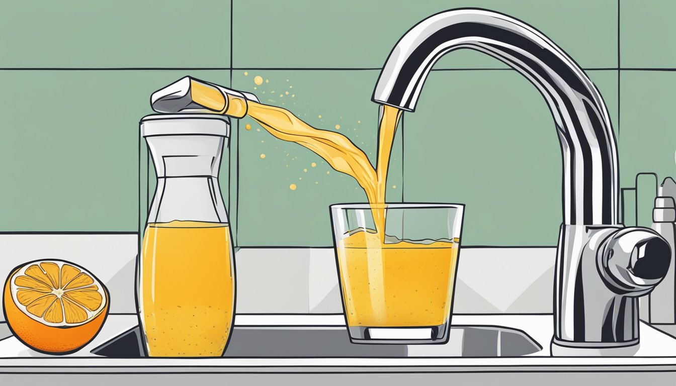 A glass of expired orange juice being poured down the drain while a person holds their nose in disgust