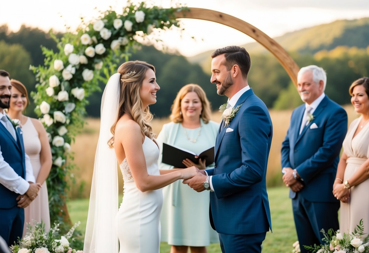 A couple exchanging vows in a scenic outdoor setting, surrounded by friends and family, with a beautiful arch or natural backdrop