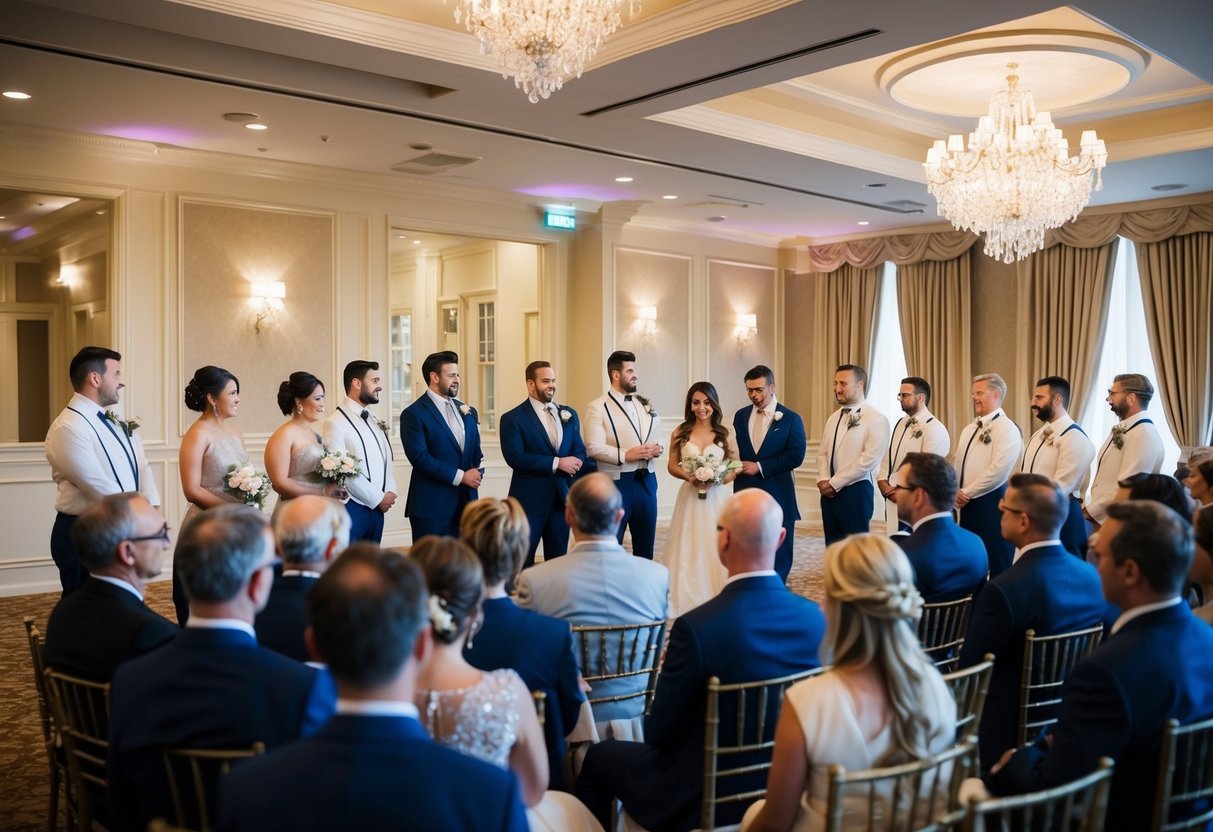 A group of people gathered in a decorated venue, practicing the order of events for a wedding ceremony