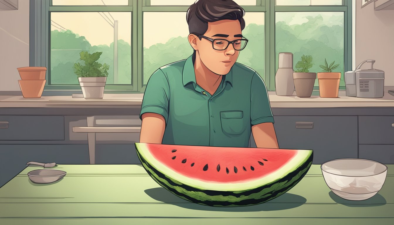 A sliced unripe watermelon with a warning sign and a person looking hesitant to eat it