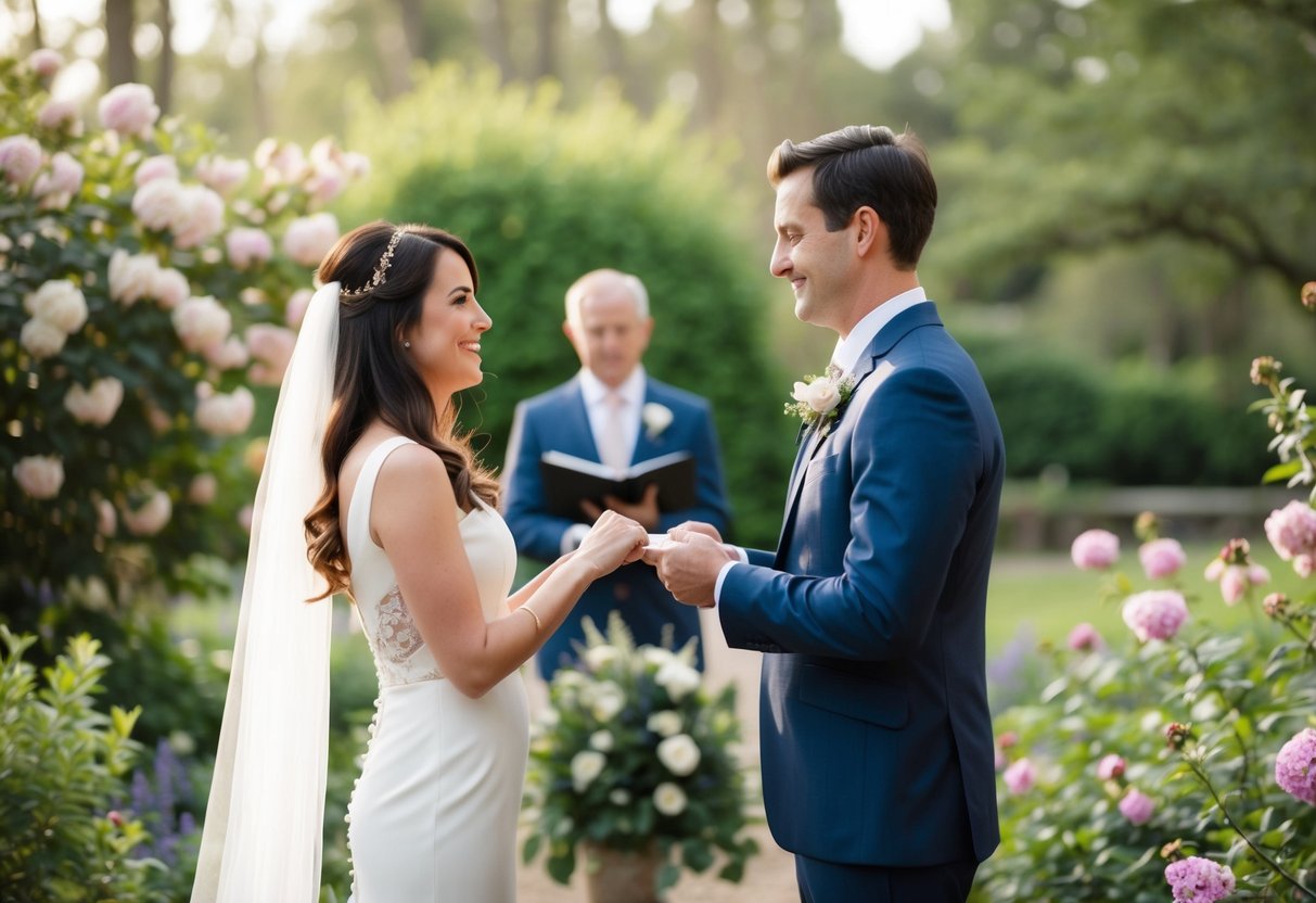 A couple exchanging vows in a secluded garden, surrounded by blooming flowers and a serene atmosphere