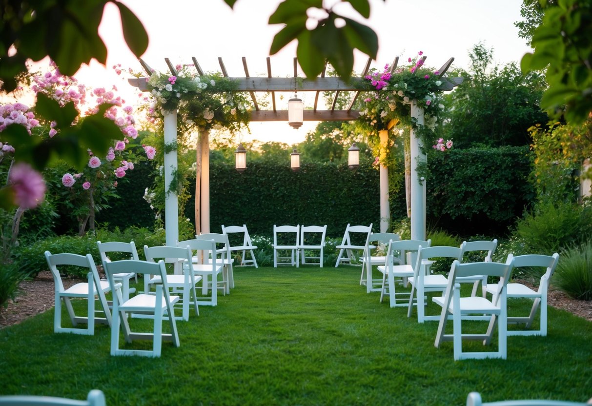 A serene garden with a flower-covered trellis and scattered white chairs arranged in a semi-circle. A soft glow from hanging lanterns illuminates the space