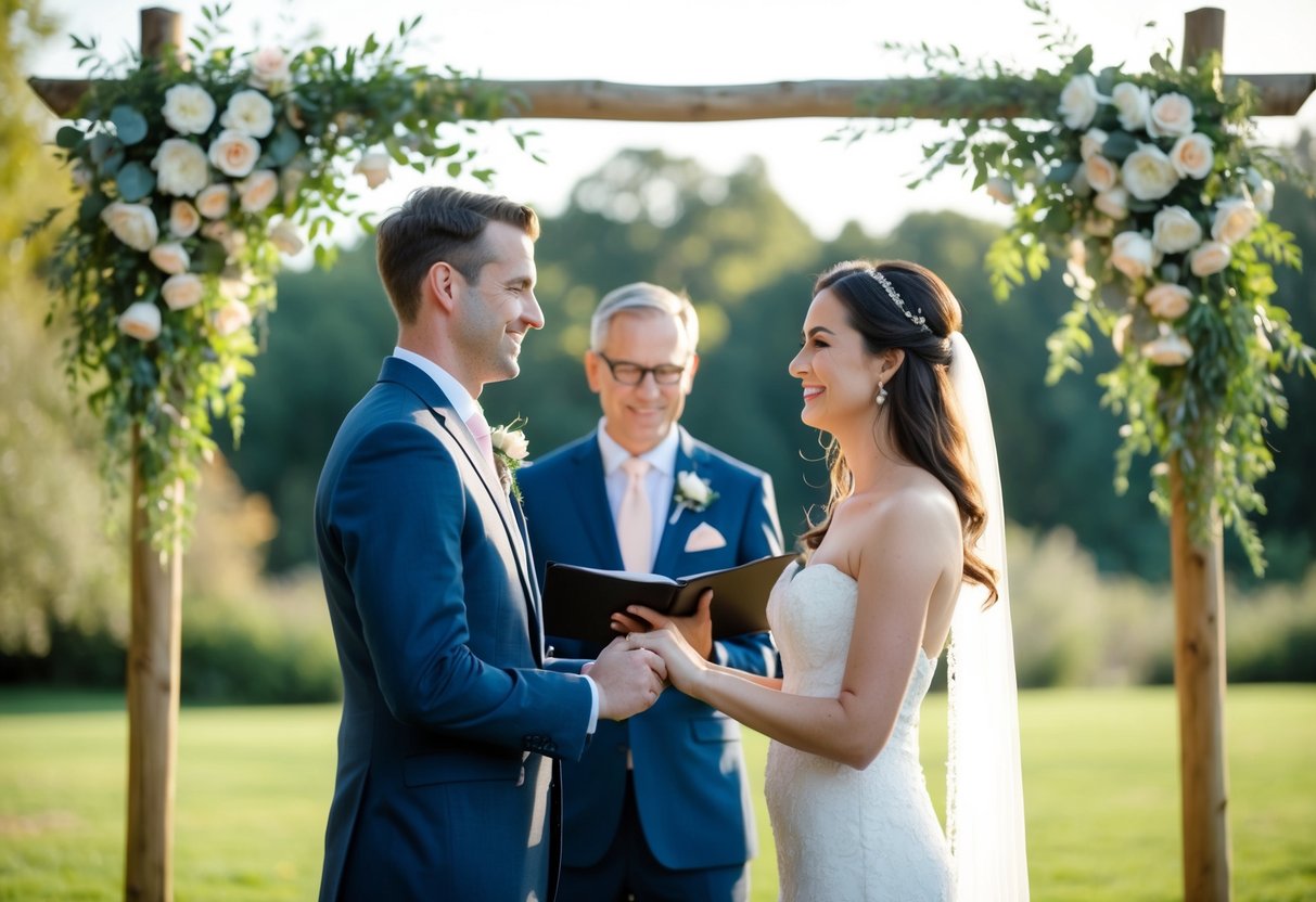 A couple exchanging vows in a romantic outdoor setting, surrounded by nature and adorned with personalized decorations
