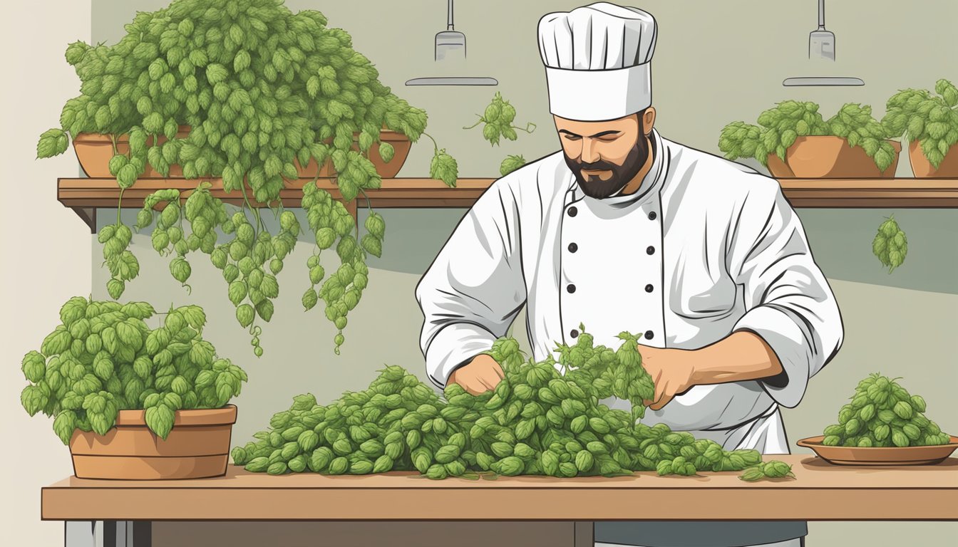 A chef carefully selects and prepares hop shoots for cooking