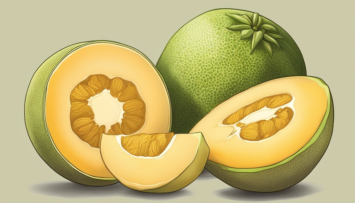 A ripe cantaloupe with a golden yellow skin, slightly soft to the touch, and a sweet aroma