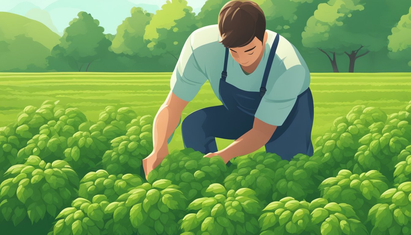 A person gathering hop shoots in a lush, green field. They carefully examine the shoots before harvesting, ensuring they are safe to eat