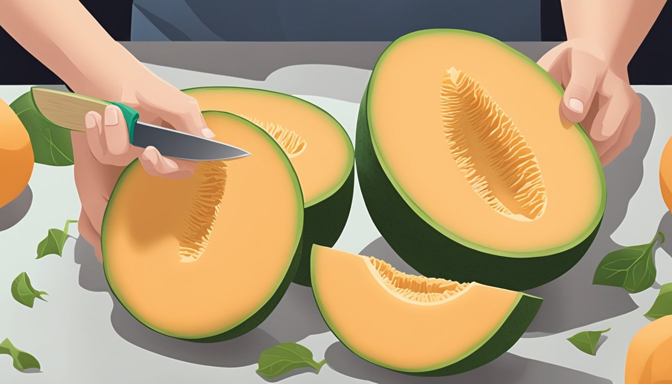 A person cutting open a cantaloupe to reveal its unripe, pale flesh