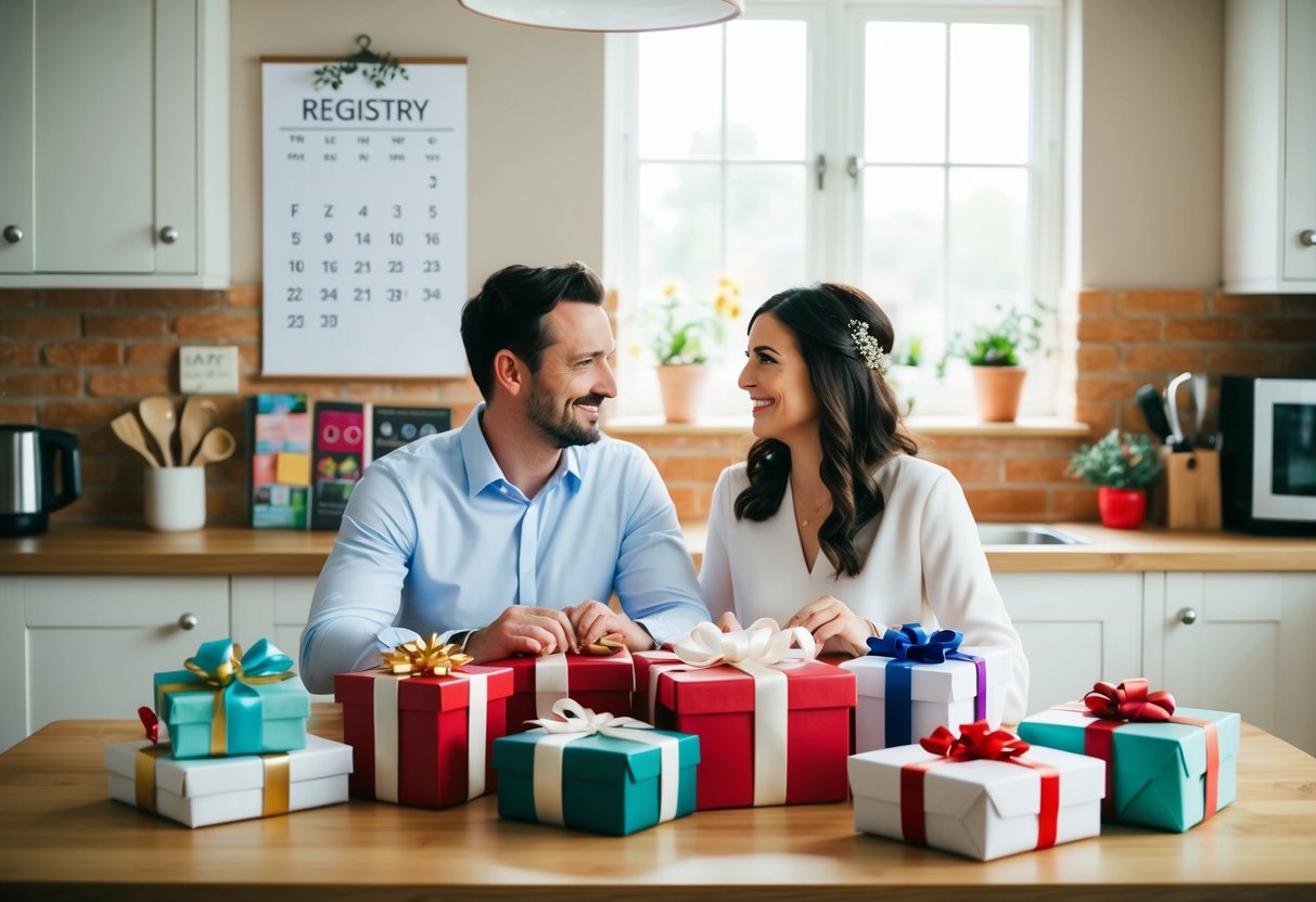 A couple sits at a kitchen table, surrounded by gifts and registry items. A calendar on the wall shows the wedding date approaching
