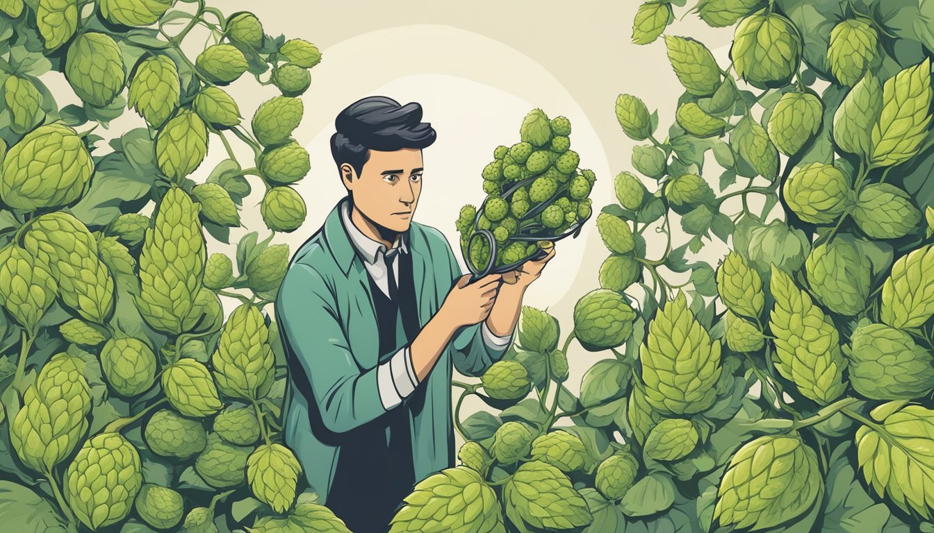 A person holding a bunch of hop shoots, with a questioning expression on their face. The shoots are surrounded by various food safety symbols and a magnifying glass