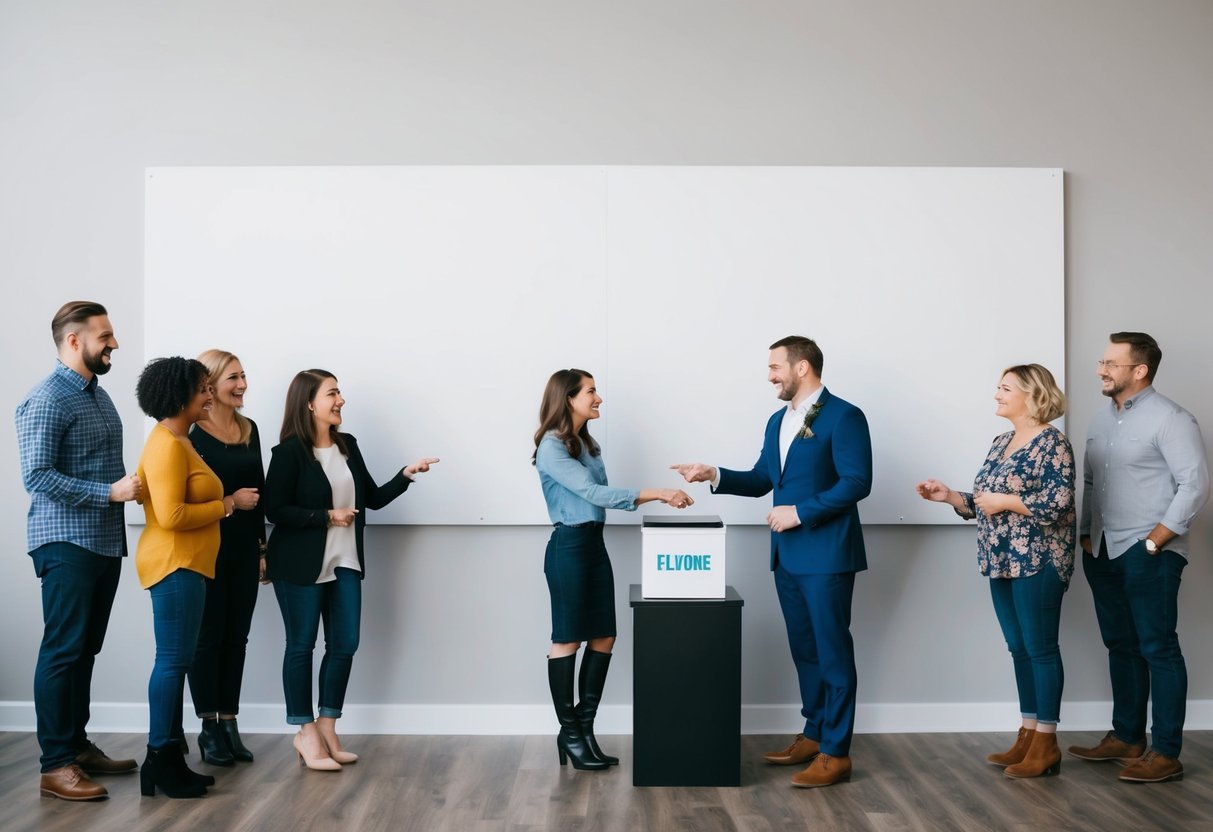 A couple stands in front of a blank wall, surrounded by friends and family. They gesture towards a donation box and smile
