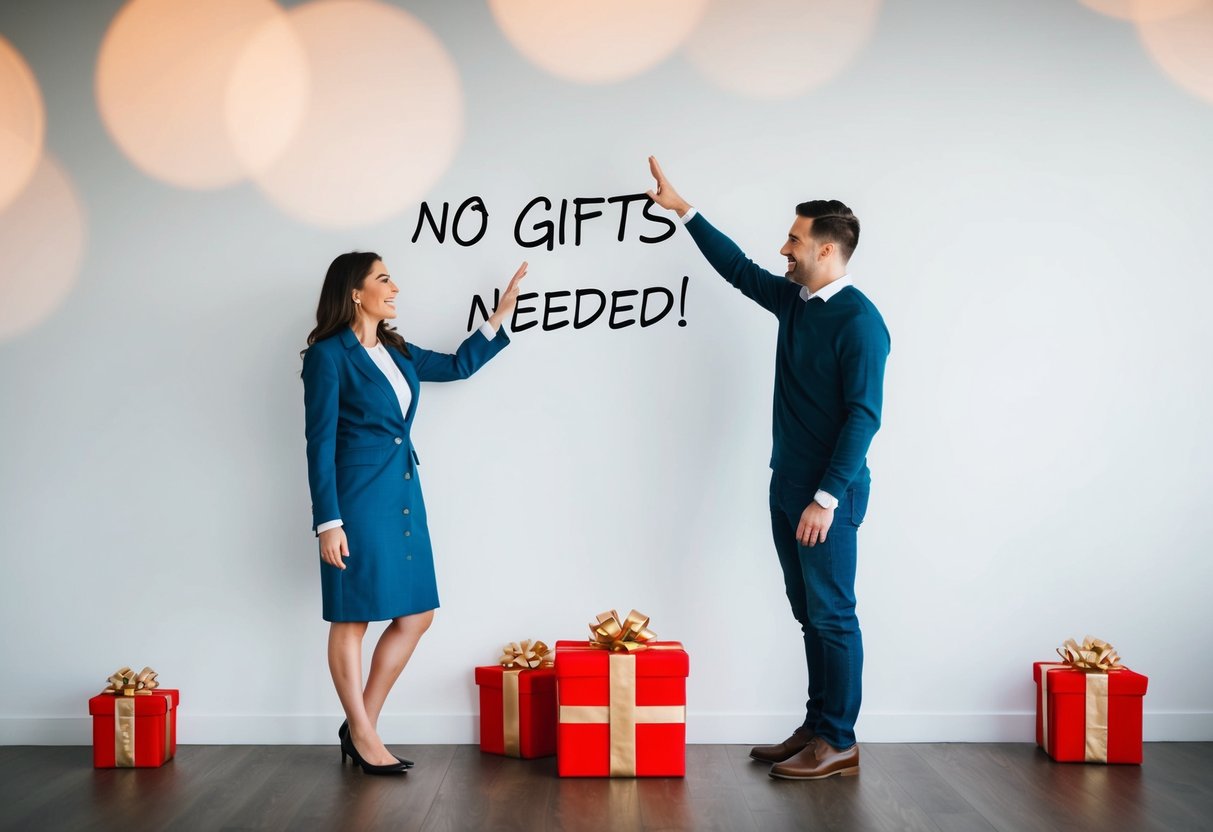 A couple standing in front of a blank wall, gesturing to indicate no gifts needed