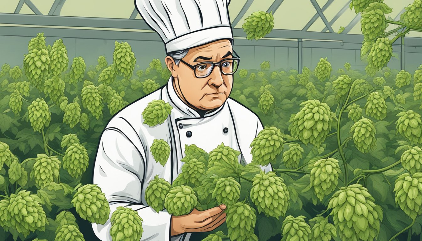 A chef inspecting hop shoots with a concerned expression