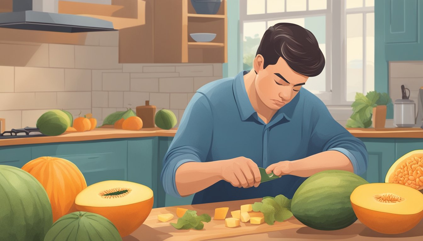 A person cutting open a cantaloupe to inspect its ripeness, with a concerned expression on their face