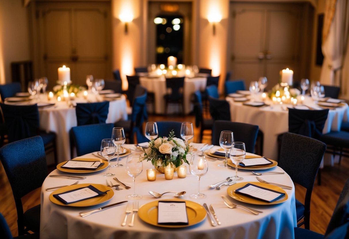 A table set for a rehearsal dinner with place settings for aunts and uncles, surrounded by warm candlelight and elegant decor