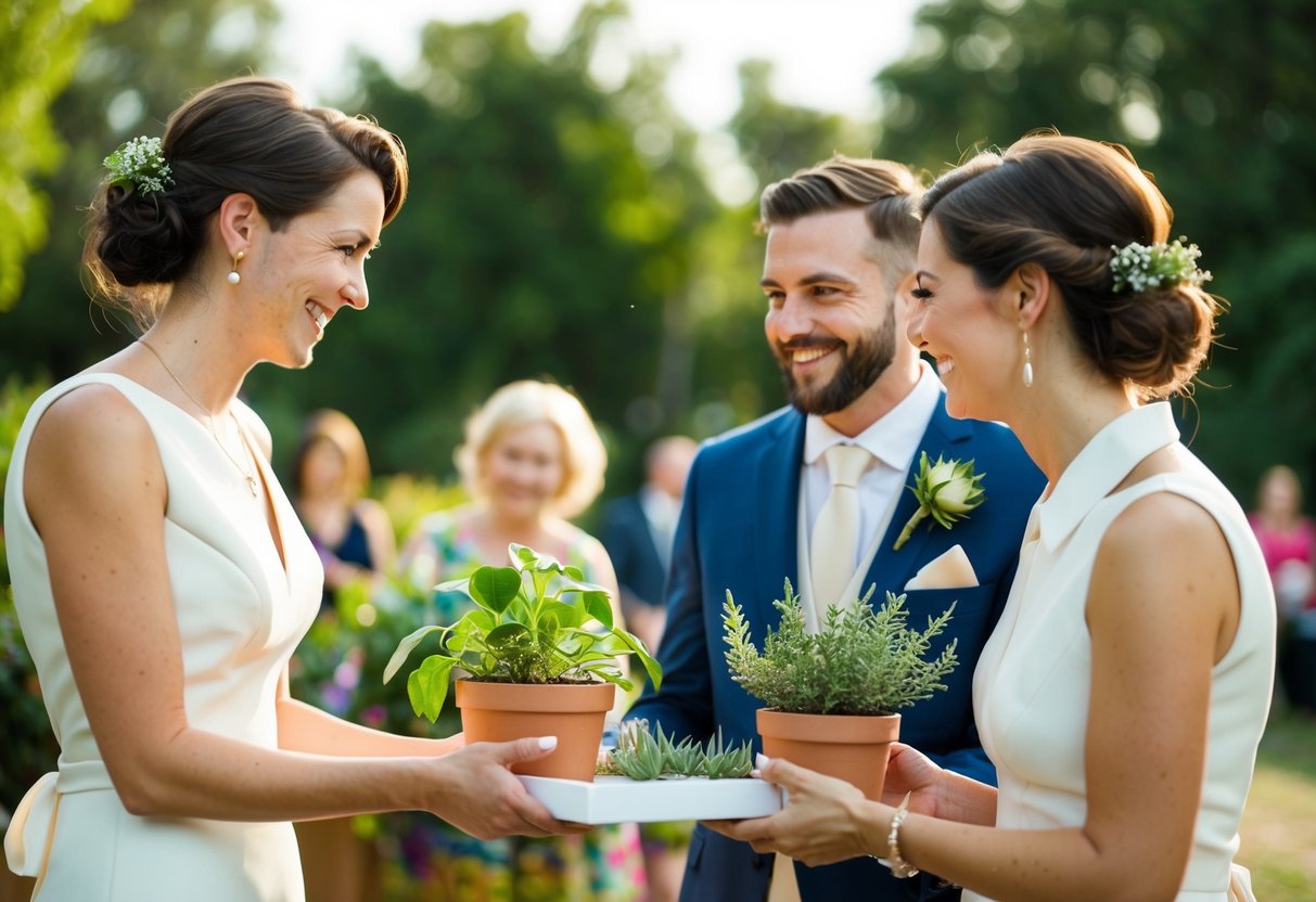 A couple receiving thoughtful gifts from friends and family at their wedding, such as plants, artwork, and handmade items, instead of a traditional registry