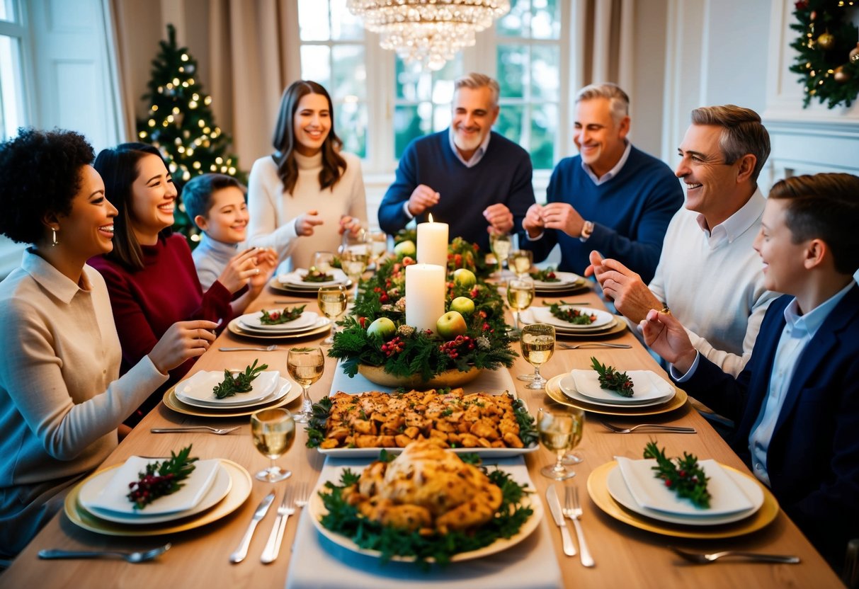 A festive table set with elegant place settings and a spread of delicious food, surrounded by family members chatting and laughing