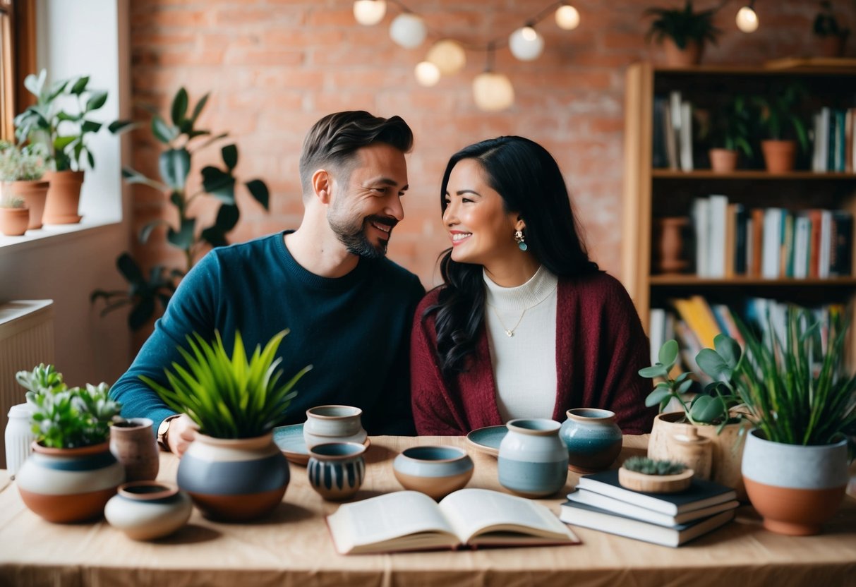A couple sitting at a cozy table, surrounded by handmade pottery, plants, and books. A warm, inviting atmosphere with thoughtful, personalized gifts
