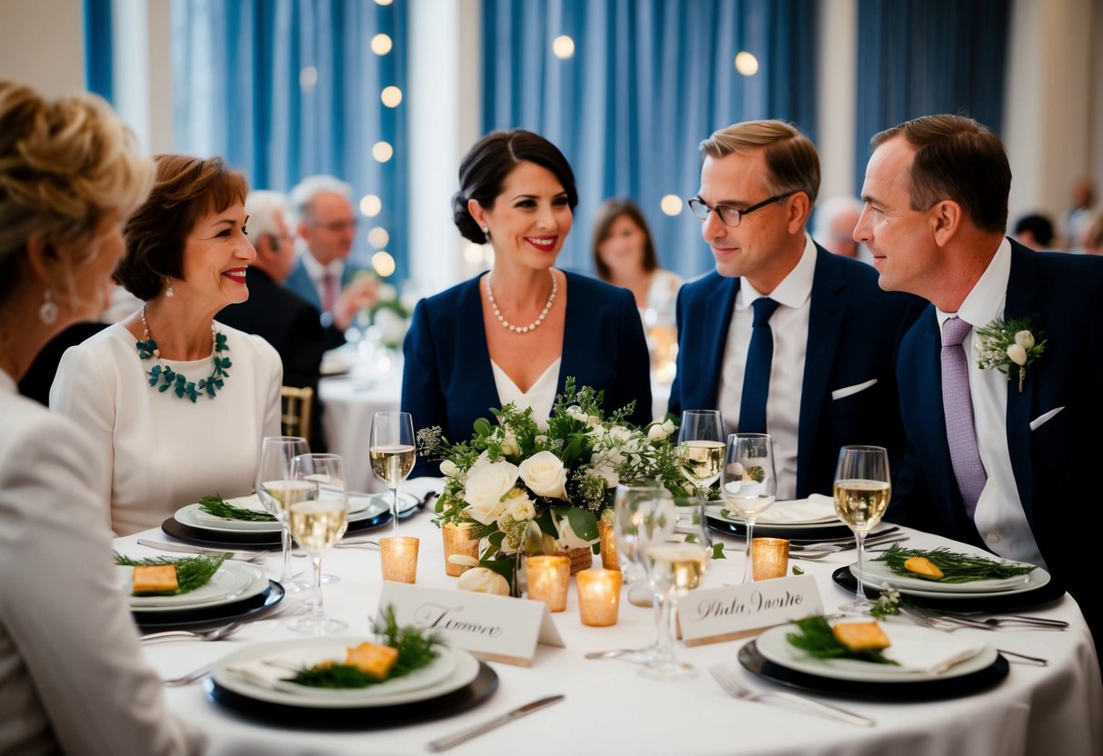 A table set for a dinner, with place cards for family members and aunts and uncles. A couple discusses the guest list