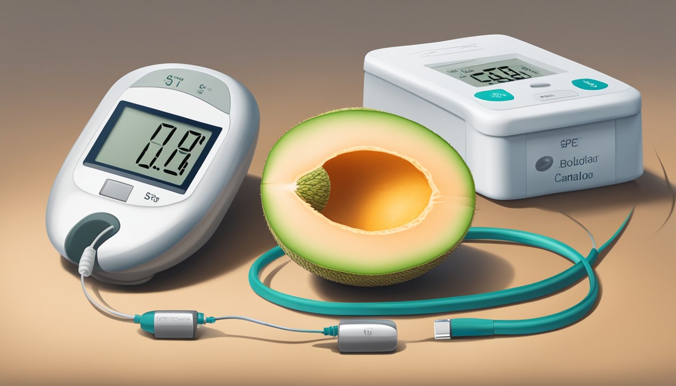 A ripe cantaloupe and a blood sugar level monitor side by side