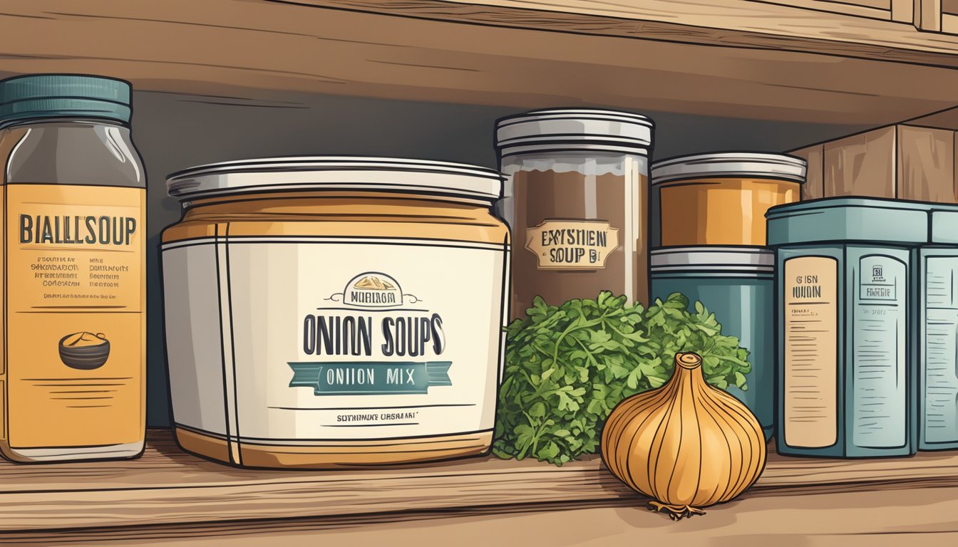 A pantry shelf with expired onion soup mix next to fresh ingredients