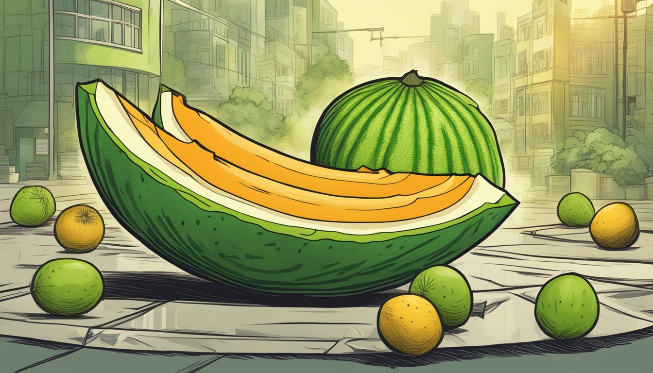 A cantaloupe with a green, unripe exterior, surrounded by warning signs and caution tape