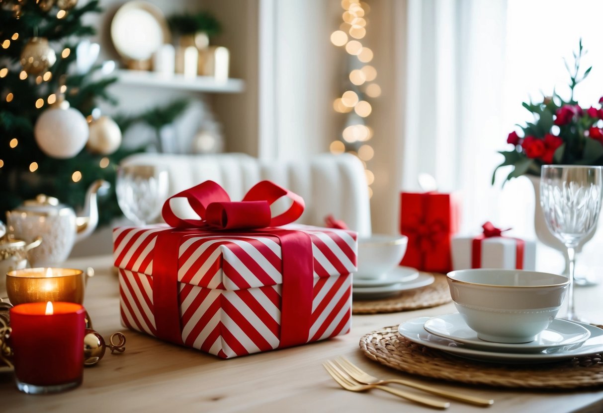 A beautifully wrapped gift box surrounded by elegant home decor and tableware