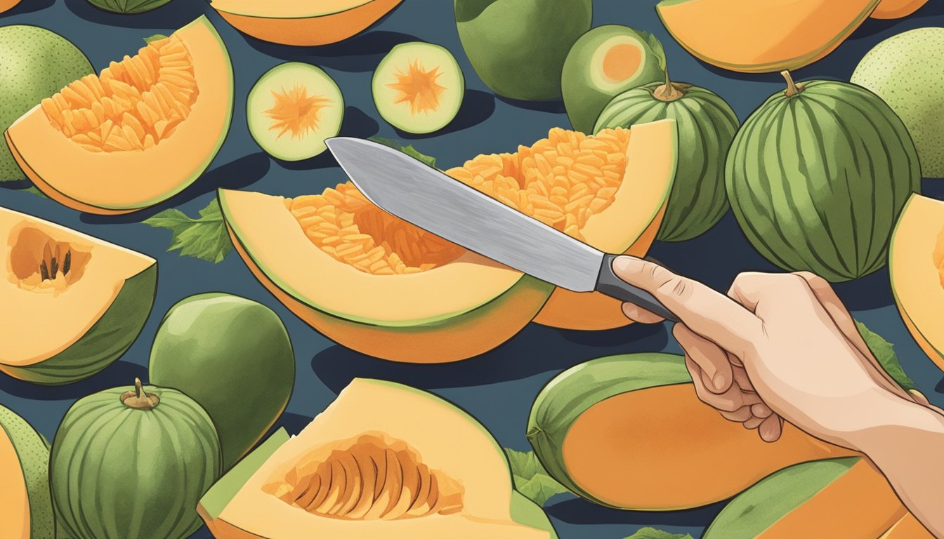 A person cutting open a cantaloupe to check its ripeness