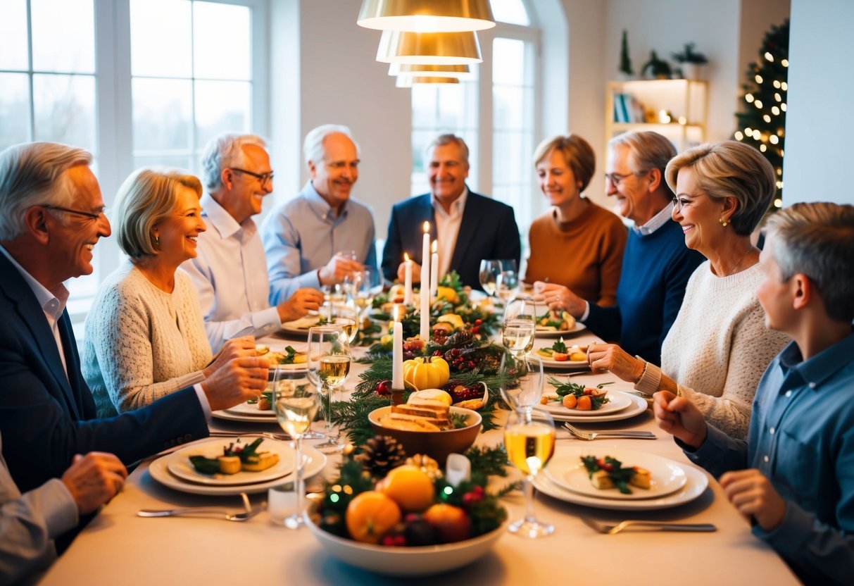 A festive dinner table with extended family members mingling and enjoying each other's company