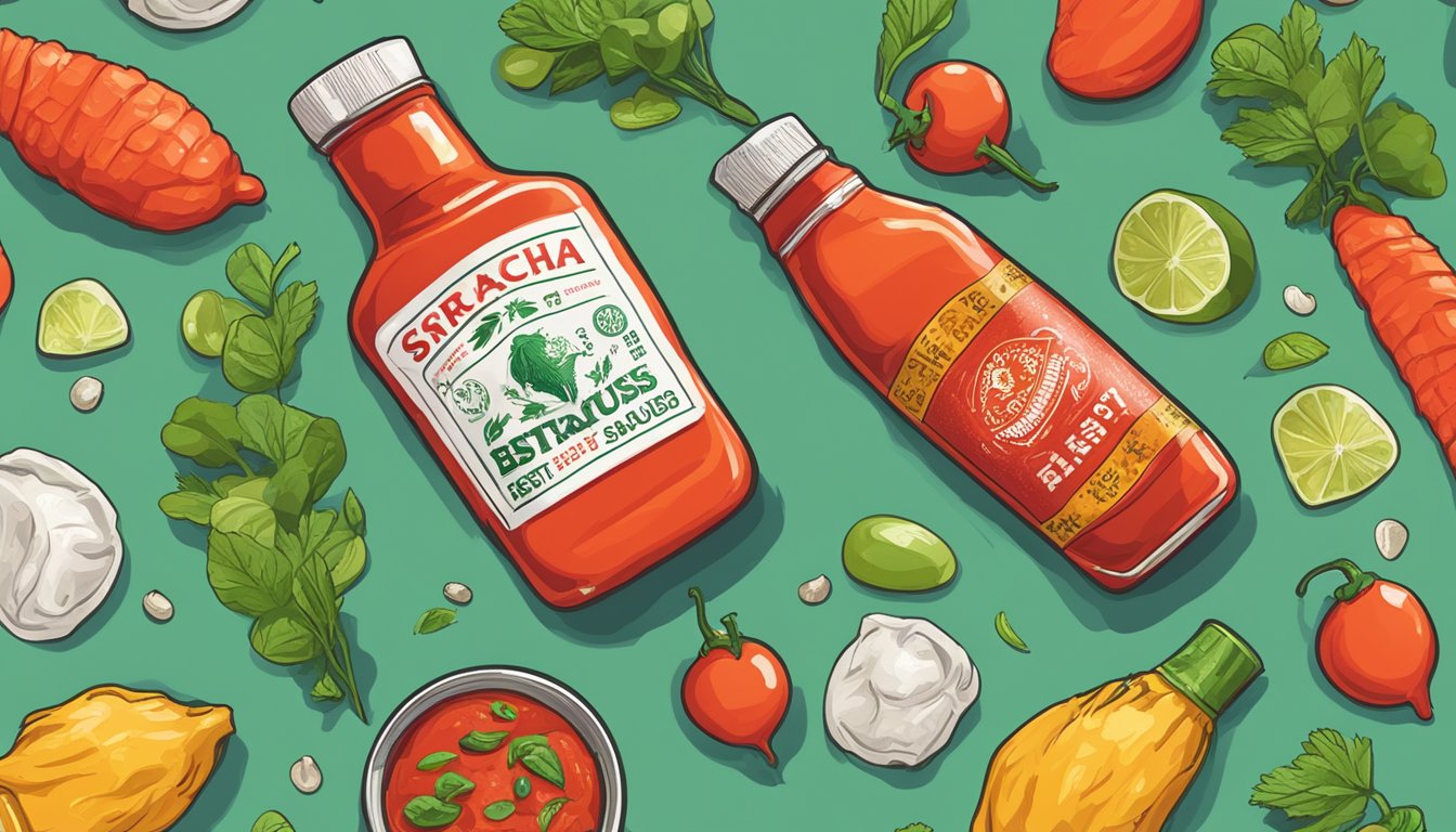 A bottle of Sriracha sauce with a "best by" date passed, surrounded by various food items