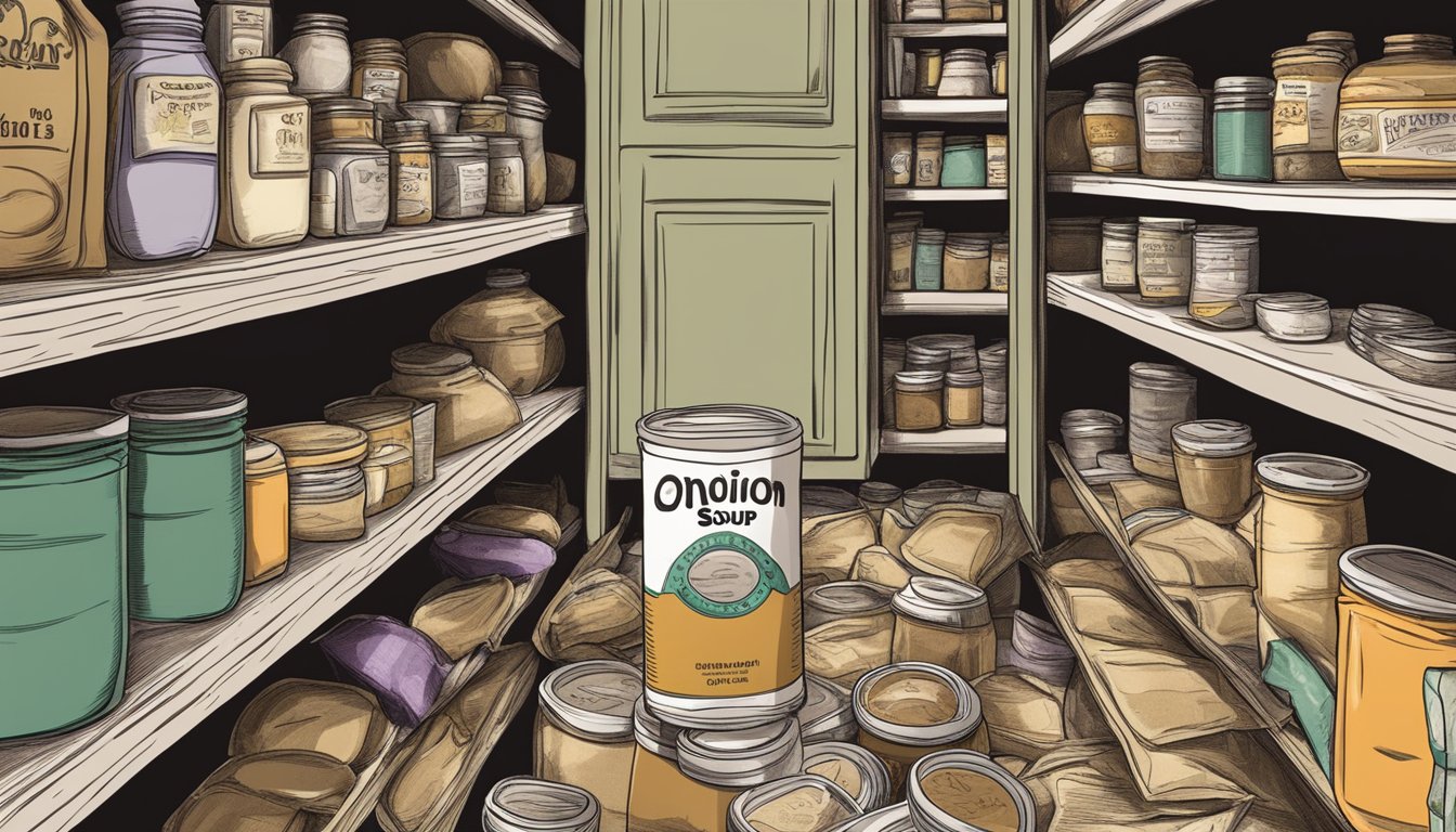 A dusty, half-empty packet of onion soup mix sits forgotten on a cluttered pantry shelf, surrounded by other expired items