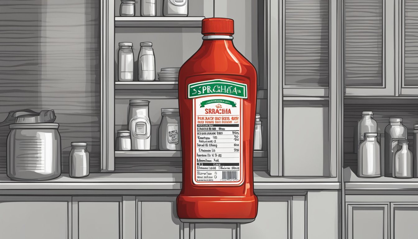 A bottle of Sriracha sauce is stored in a cool, dark pantry. The bottle is labeled with an expiration date