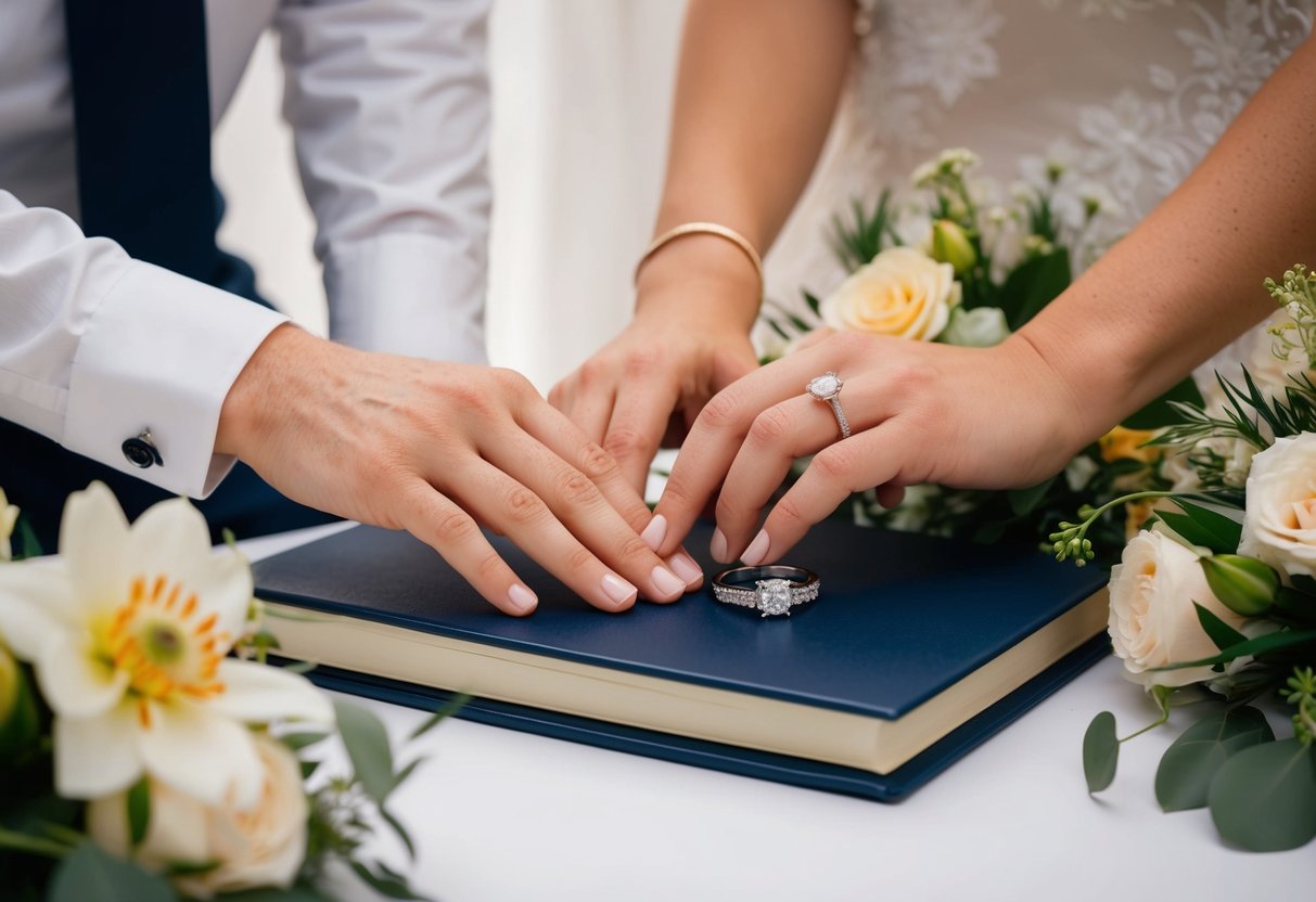 A couple's hands placing wedding rings on a registry book, surrounded by flowers and decorative elements