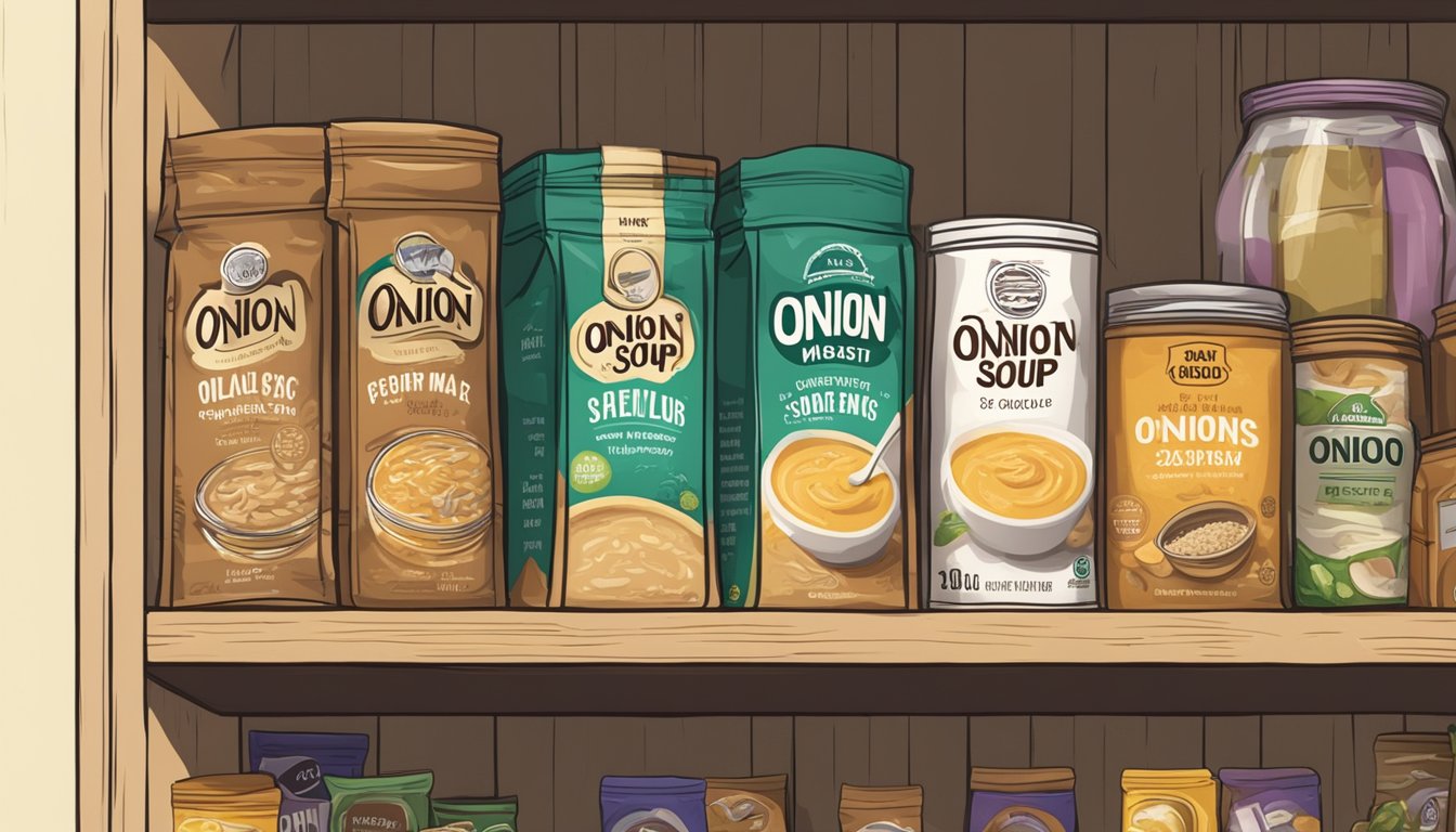 A dusty, torn package of onion soup mix sits on a pantry shelf, surrounded by other expired goods