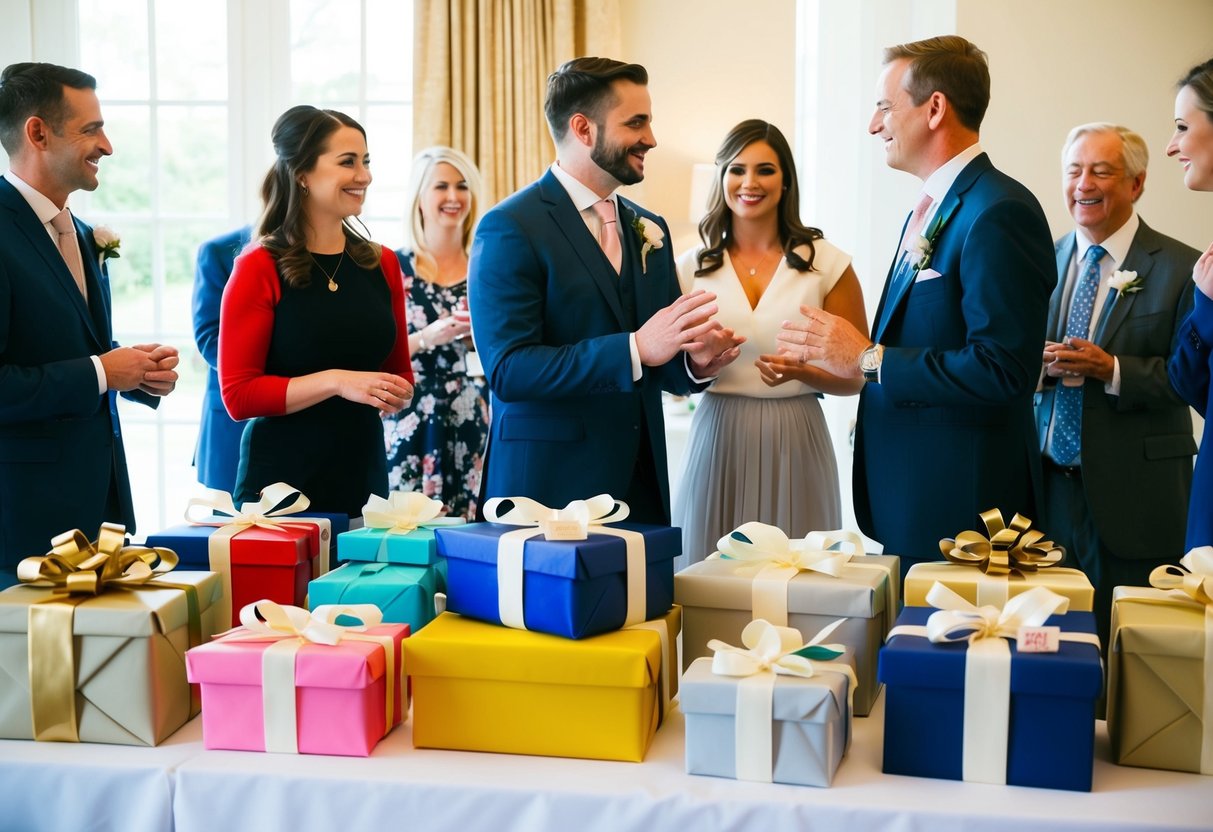 A table displays a variety of wrapped gifts, some with registry tags. A couple converses with guests, exchanging pleasantries and gestures of appreciation