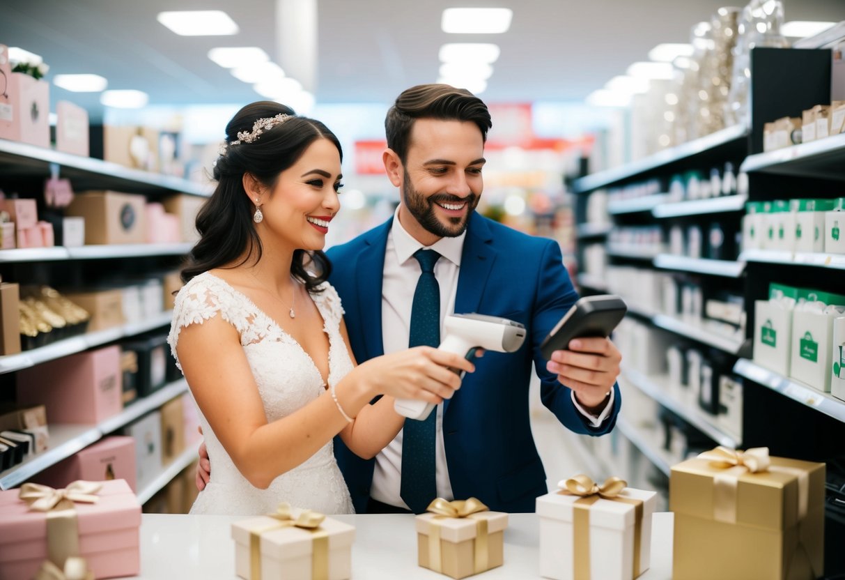 A couple at a store, scanning items with a barcode scanner and smiling as they register for their wedding gifts