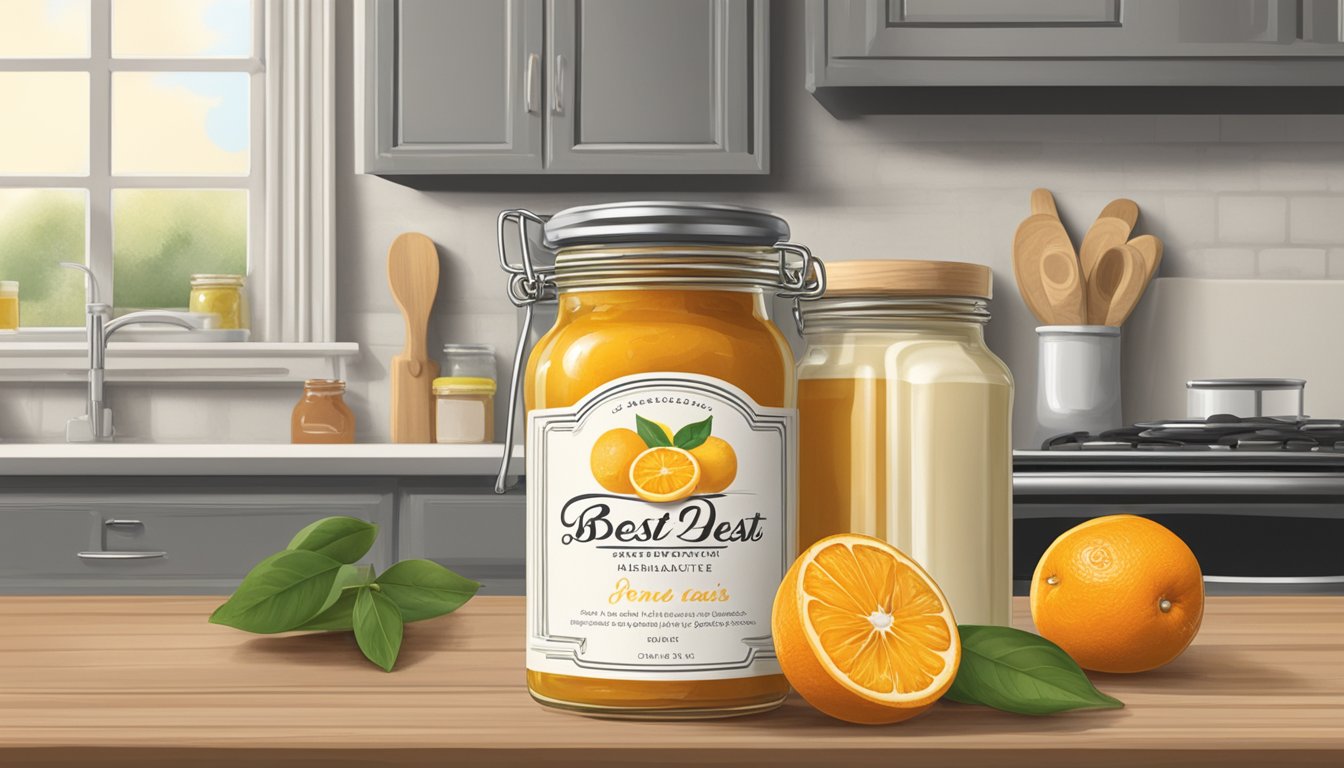 A jar of orange marmalade sits on a kitchen shelf, surrounded by other condiments. The label shows a "best by" date that has passed