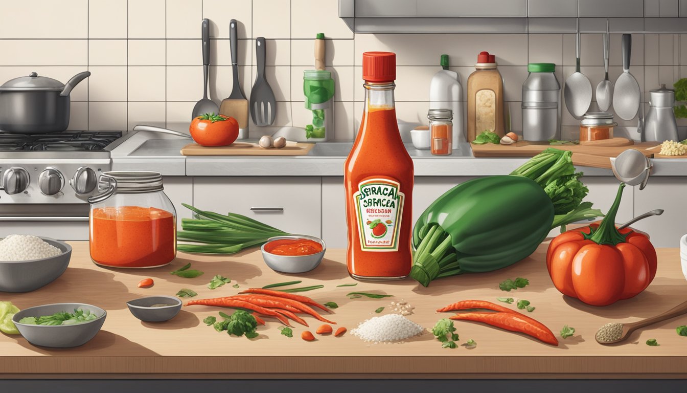 A bottle of expired sriracha sauce sits on a cluttered kitchen counter, surrounded by various cooking ingredients and utensils