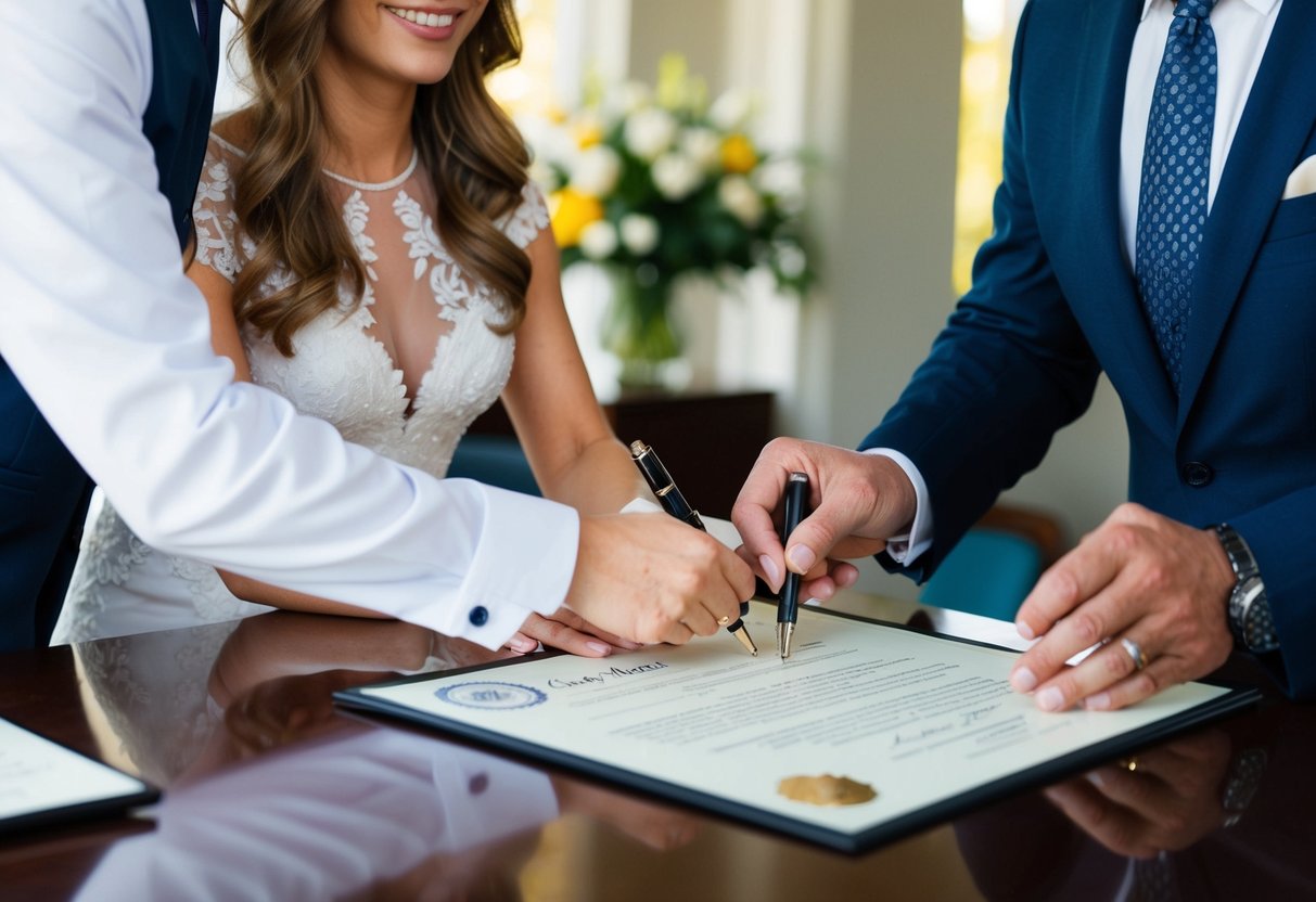 A newlywed couple signing a marriage certificate at a government office, with an official stamping the document